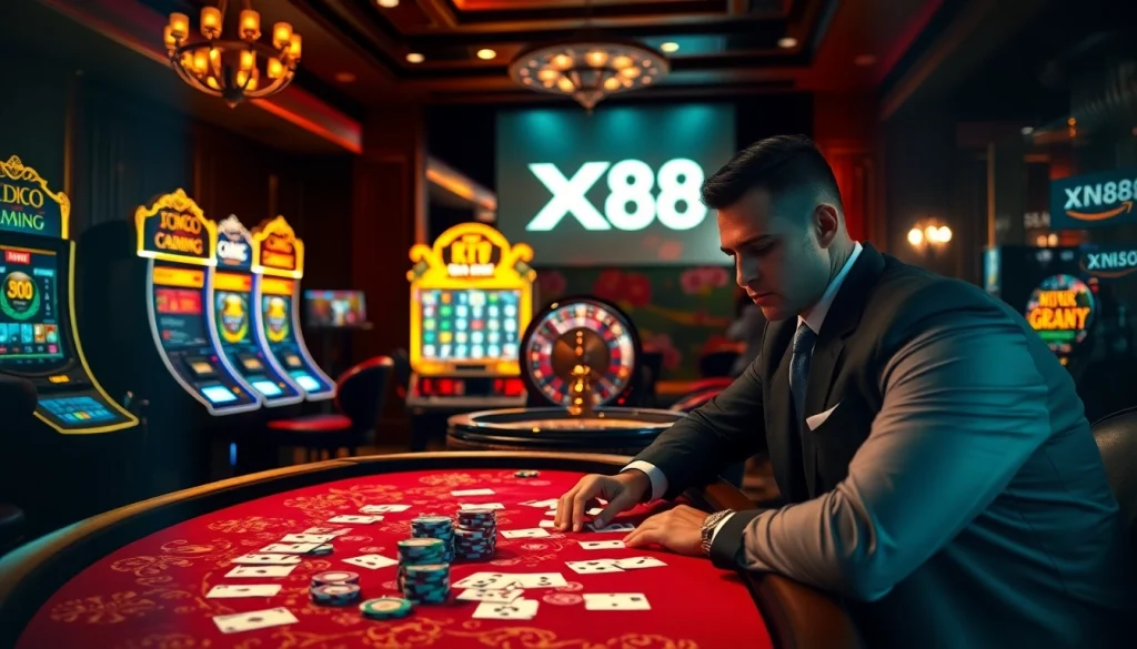 Experience thrill with XN88 at a luxury casino featuring poker and slot machines.