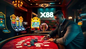 Experience thrill with XN88 at a luxury casino featuring poker and slot machines.