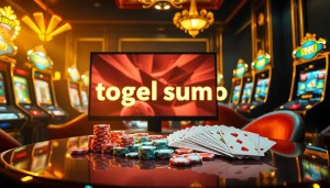 Antarmuka perjudian Togel Sumo online dengan elemen kasino yang hidup seperti mesin slot, chip poker, dan kartu.