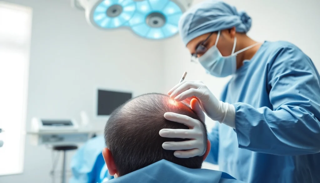 Performing a hair transplant uk procedure in a modern clinic, showcasing skilled care.