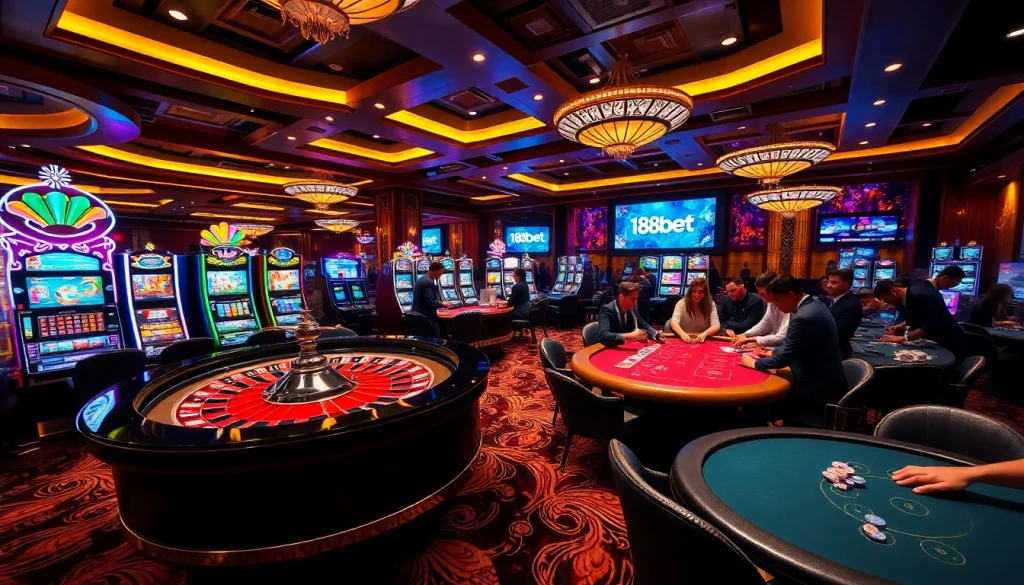 Exciting gaming atmosphere at 188bet's luxurious casino, featuring roulette, poker, and vibrant slot machines.