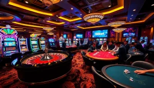 Exciting gaming atmosphere at 188bet's luxurious casino, featuring roulette, poker, and vibrant slot machines.