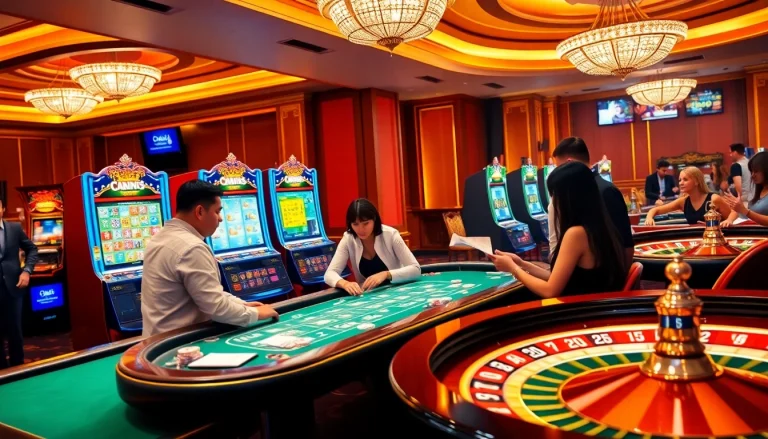 Players strategizing at the online casino by https://lc88comm.com/, showcasing excitement with slot machines and table games.