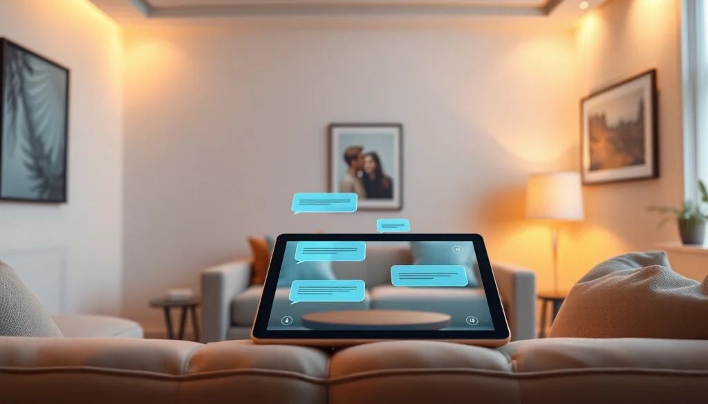 AI chatbot interface offering engaging sex ai conversations in a cozy living room setting.