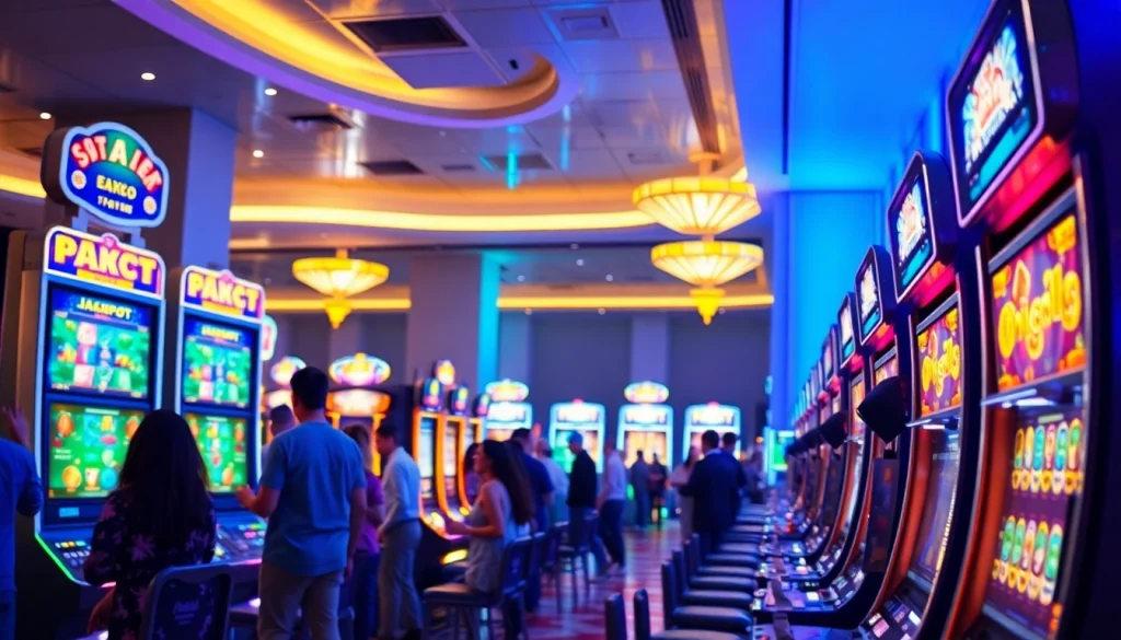 Exciting slot hoki gaming scene with vibrant machines and players celebrating wins.