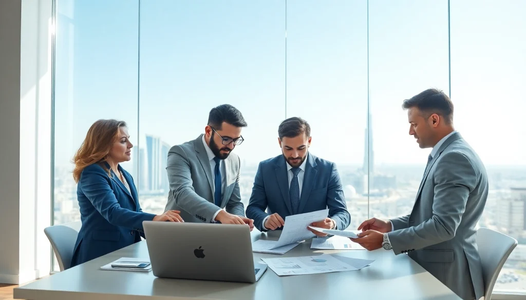 Dynamic scene depicting a team of experts in Corporate Tax Consultancy in Abu Dhabi collaborating in a modern office setting.