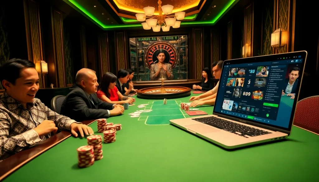 Engaged players enjoying high-stakes poker at urr88.com in a luxurious casino setting.