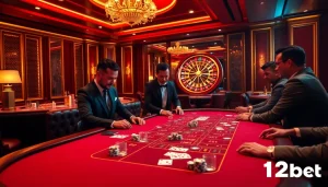 Engaging blackjack players enjoying thrilling bets at 12bet casino table.