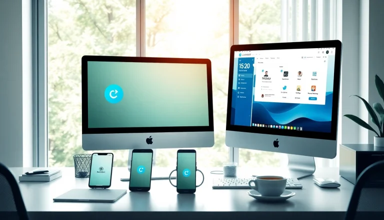 爱思助手下载 software displayed on a modern workspace setup with iMac and iPhone, showcasing a professional and inviting atmosphere.