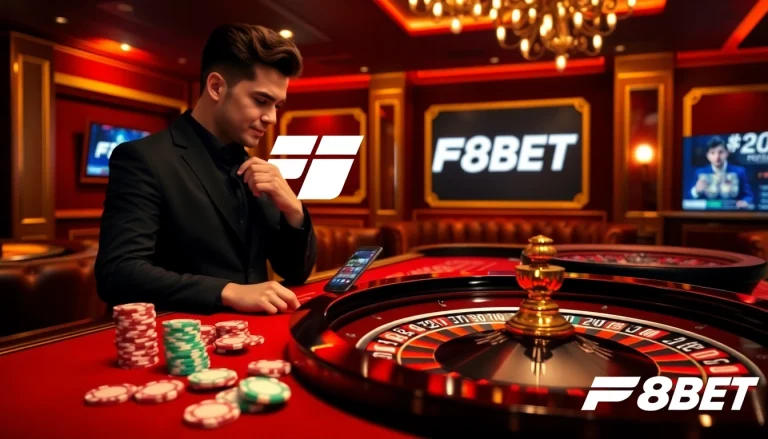Experience thrilling betting action with Nhà cái F8BET in an elegant casino setting.