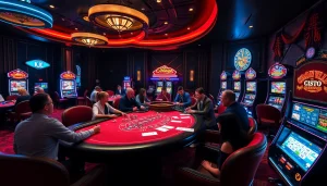 KJC's vibrant casino experience featuring engaging poker players and dazzling slot machines.
