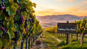Enjoy scenic Clarksburg wineries with thriving vineyards and a beautiful sunset backdrop.