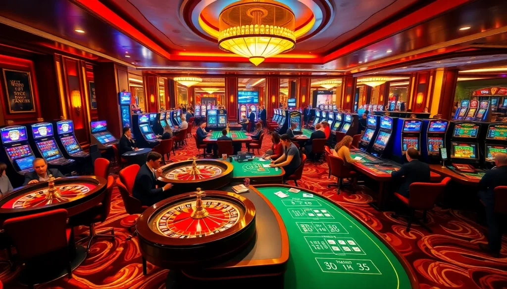 Engage in thrilling gaming at Jeet Buzz Casino with vibrant tables and players strategizing their bets.