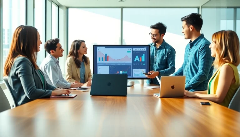 Team collaborating on google ads edmonton strategies in a modern office setting.