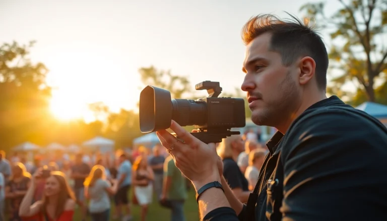 Videographer capturing footage at a vibrant outdoor event with a professional camera.