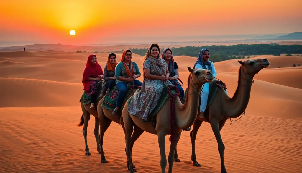 Agafay desert camel ride and dinner with a show at sunset, featuring travelers on camels in front of vibrant dunes.