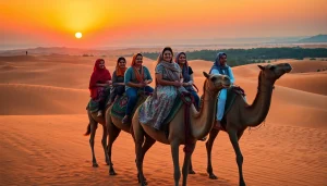 Agafay desert camel ride and dinner with a show at sunset, featuring travelers on camels in front of vibrant dunes.