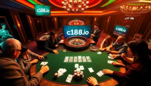 Engaged players betting at a poker table with c168.io branding, capturing the thrill of high stakes gambling.