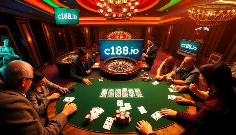 Engaged players betting at a poker table with c168.io branding, capturing the thrill of high stakes gambling.