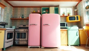 Beautiful retro appliances arranged in a cozy kitchen setting, showcasing their vintage colors and design.