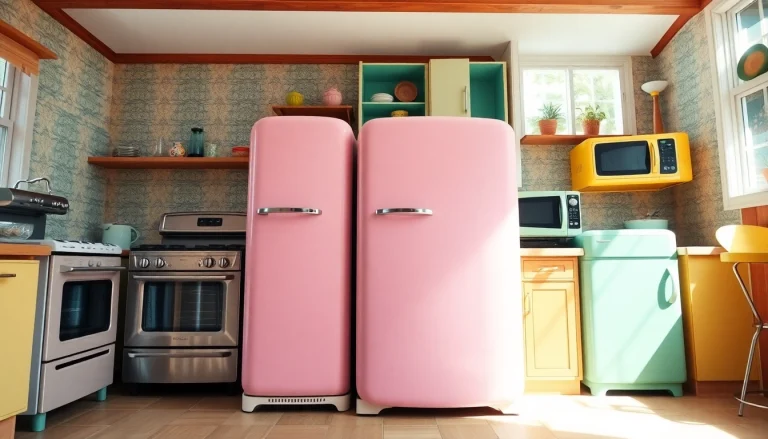 Beautiful retro appliances arranged in a cozy kitchen setting, showcasing their vintage colors and design.