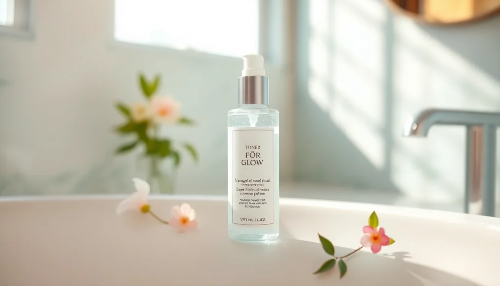 Närbild av Glow-tonerflaska i ett lugnt badrum, naturligt ljus.