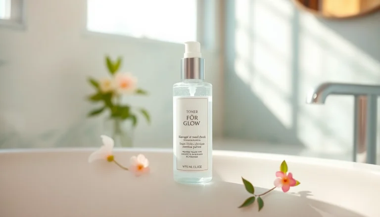 Närbild av Glow-tonerflaska i ett lugnt badrum, naturligt ljus.