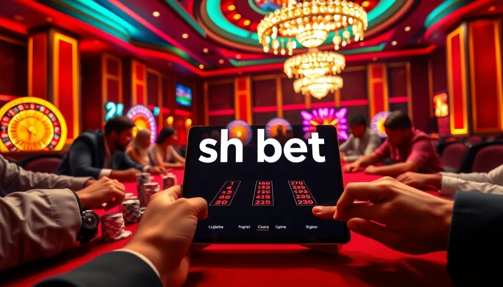 Experience thrilling gameplay with sh bet at a vibrant online casino featuring poker tables and roulette wheels.