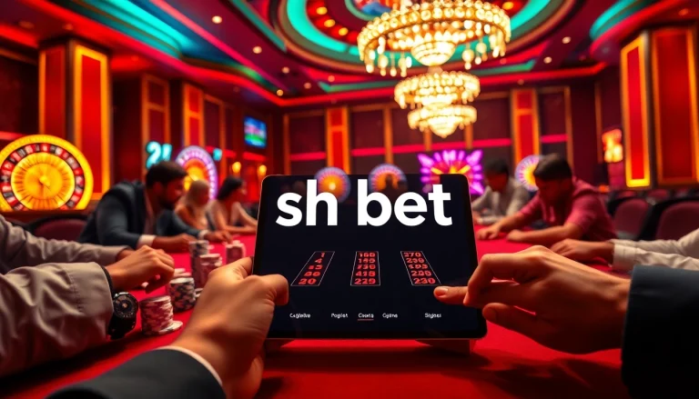 Experience thrilling gameplay with sh bet at a vibrant online casino featuring poker tables and roulette wheels.
