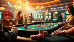 DAGA online casino table with vibrant chips and excited gamblers in a thrilling setting.