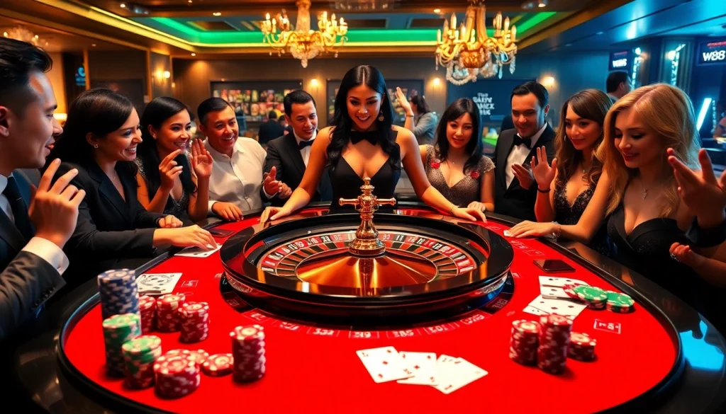 Excited players enjoying high-stakes action at a W88 branded roulette table in a luxurious casino atmosphere.