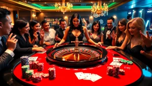 Excited players enjoying high-stakes action at a W88 branded roulette table in a luxurious casino atmosphere.