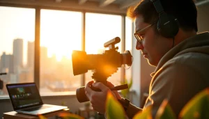 Videographer capturing footage in a vibrant urban studio with high-end equipment.