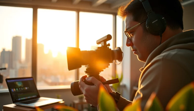 Videographer capturing footage in a vibrant urban studio with high-end equipment.
