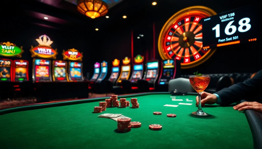 Experience high-stakes excitement at VN168 with a luxurious poker table and vibrant casino atmosphere.