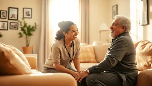 Engaging scene showcasing austin senior home care with a caregiver and senior man smiling together.