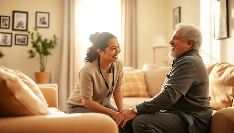Engaging scene showcasing austin senior home care with a caregiver and senior man smiling together.
