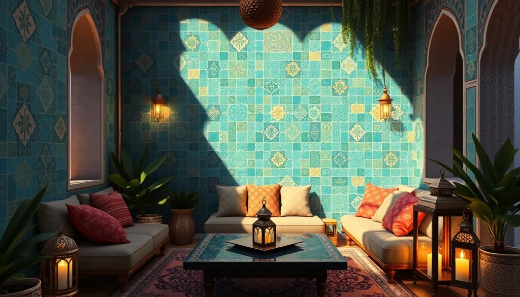 Carreaux Zellige dans un intérieur d'inspiration marocaine, présentant des couleurs vives et des motifs complexes.