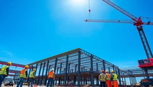 Workers performing structural steel installation at a construction site under bright sunlight.