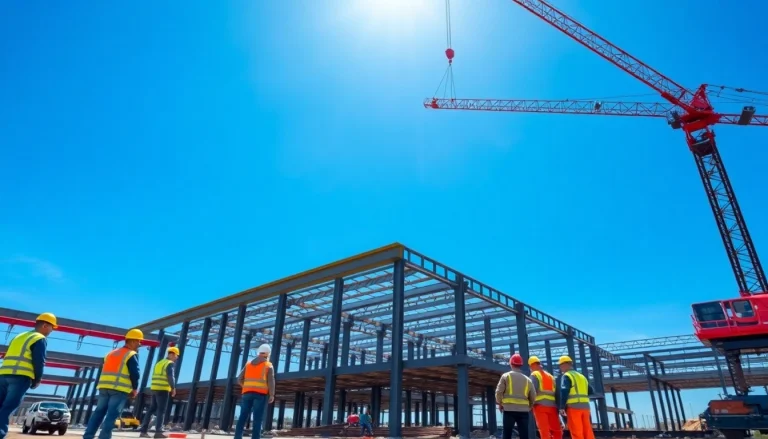 Workers performing structural steel installation at a construction site under bright sunlight.