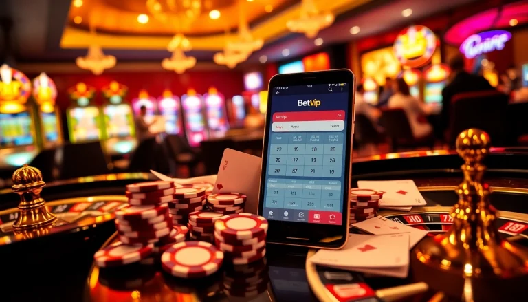 Trải nghiệm ứng dụng Bet VIP trong không gian casino sang trọng với bàn chơi sôi động và chip.