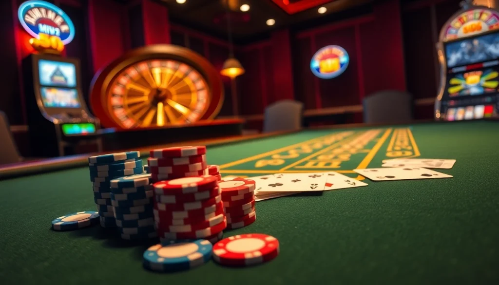Experience excitement at MM88's vibrant casino table with poker chips and cards.