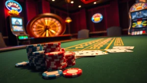 Experience excitement at MM88's vibrant casino table with poker chips and cards.