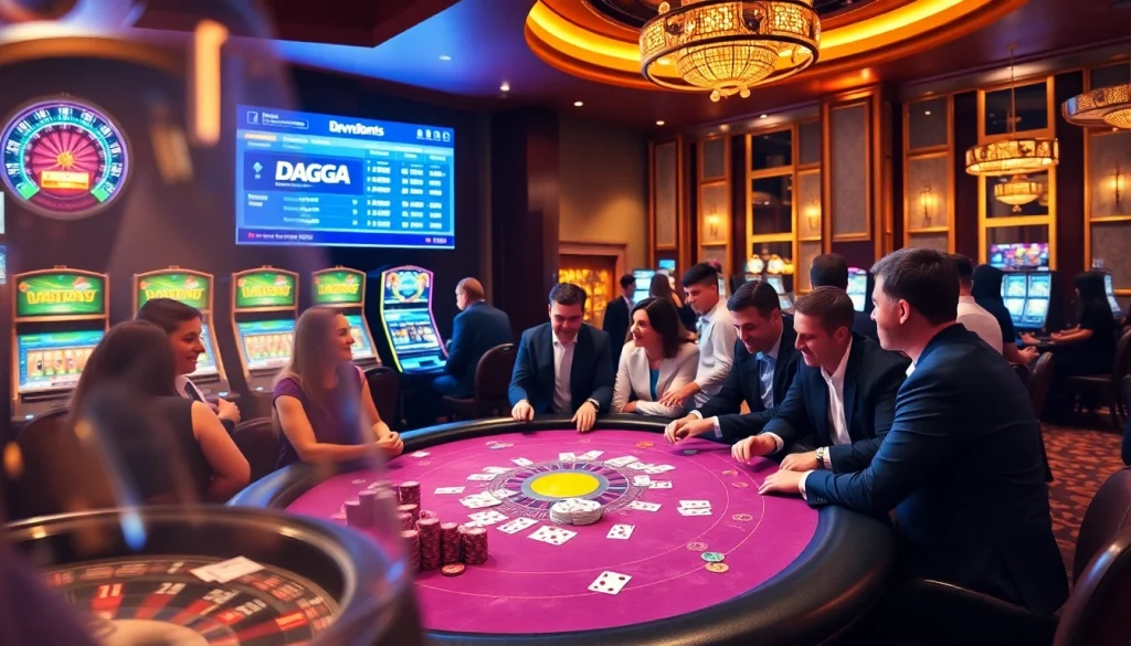 DAGA poker players strategizing at the casino table amidst vibrant betting action.