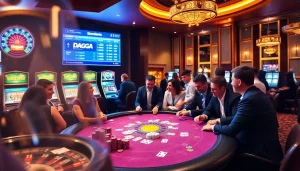 DAGA poker players strategizing at the casino table amidst vibrant betting action.