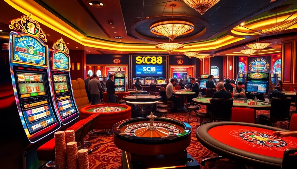 Experience the thrill of casino gaming at SC88 with vibrant slot machines and engaging roulette tables.