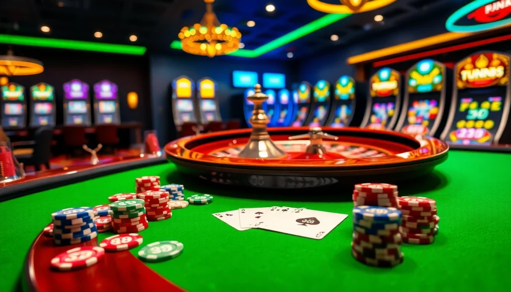 Experience thrilling gameplay at Fun88's luxury casino tables, featuring vibrant poker chips and classic roulette wheels.