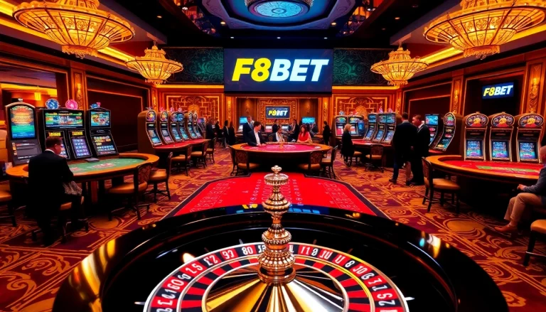 Experience the excitement of online gambling with F8BET's vibrant casino atmosphere featuring tables and roulette wheels.