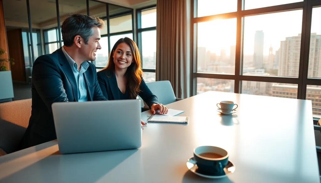 Business coach Los Angeles engaging with a client, emphasizing collaboration in a modern office.