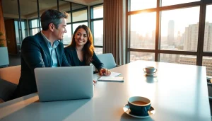Business coach Los Angeles engaging with a client, emphasizing collaboration in a modern office.